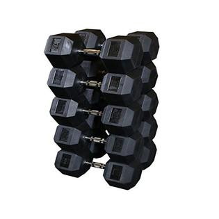 New and remanufactured Intek Rubber HEX Dumbbells 5-50lbs on a white background.