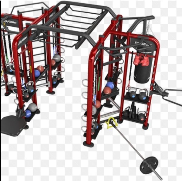 A gym equipment set with New weights and Life Fitness Synergy 360- Serviced equipment.