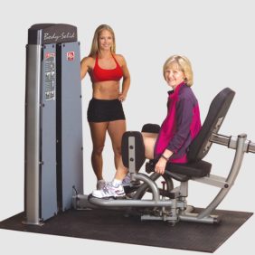 Two women standing next to a newly remanufactured Body Solid DIOT-SF Pro Dual Inner/Outer Thigh Machine.