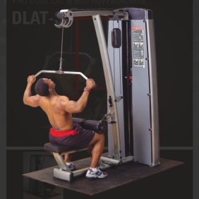 A man is doing a pull down on the Body Solid DLAT-SF Pro Dual Lat/Mid Row Machine.