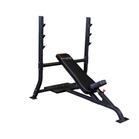 New and remanufactured Body Solid Pro Clubline Incline Olympic Bench on a white background.
