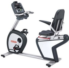 New Star Trac Walk Through Pro Recumbent Exercise Bike with seat and handlebars available as both new and remanufactured gym equipment.