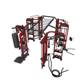 A red and black Muscle D Synergy 360XL - New gym equipment set, including both new and remanufactured pieces, on a white background.