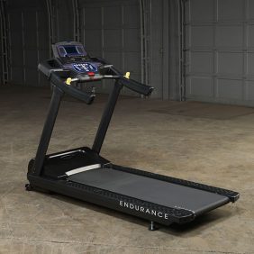 A new Body-Solid T150 Endurance Treadmill in a garage.