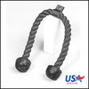 A black Tricep Rope handle on a white background showcasing new gym equipment.