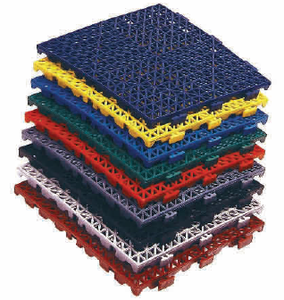 A stack of Tuff Tiles in different colors, perfect for gym use.