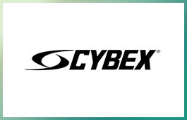 Cybex logo displayed on a vibrant green background, representing their commitment to offering top-quality new and remanufactured gym equipment.
