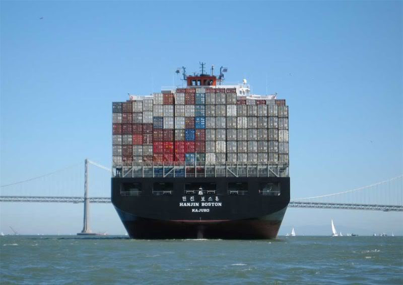 A new container ship near the San Francisco Bay Bridge.