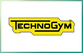 A yellow logo with the word technogym on it, prominently showcasing their new and remanufactured gym equipment. Technogym logo