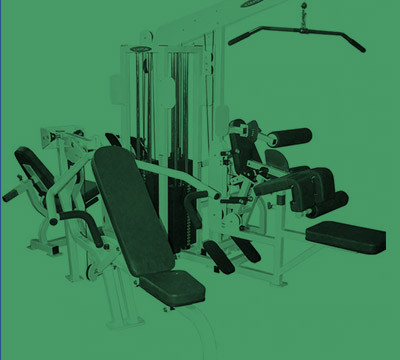 A green background with new gym equipment.