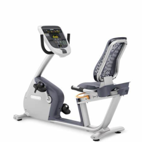A Precor RBK 835 Recumbent - Remanufactured exercise bike with a seat and handlebars, available as new or remanufactured gym equipment.