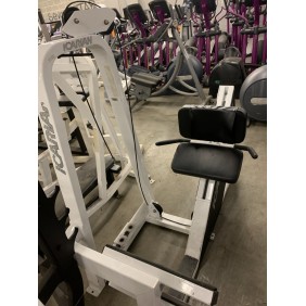 The gym equipment display at Fitness Plus prominently features the Icarian Angled Seated Calf - As Is Functional machine in the foreground, with a row of sleek treadmills lined up in the background.