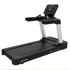 The Life Fitness Pro 2 8 Stack - Serviced treadmill comes in black and includes a digital display along with control buttons on the console, featuring a wide running belt and a robust frame.