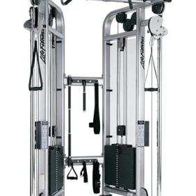 Remanufactured Life Fitness Signature Dual Adjustable Pulley machine with adjustable pulleys, weight stacks, and pull-up bars for versatile strength training exercises.