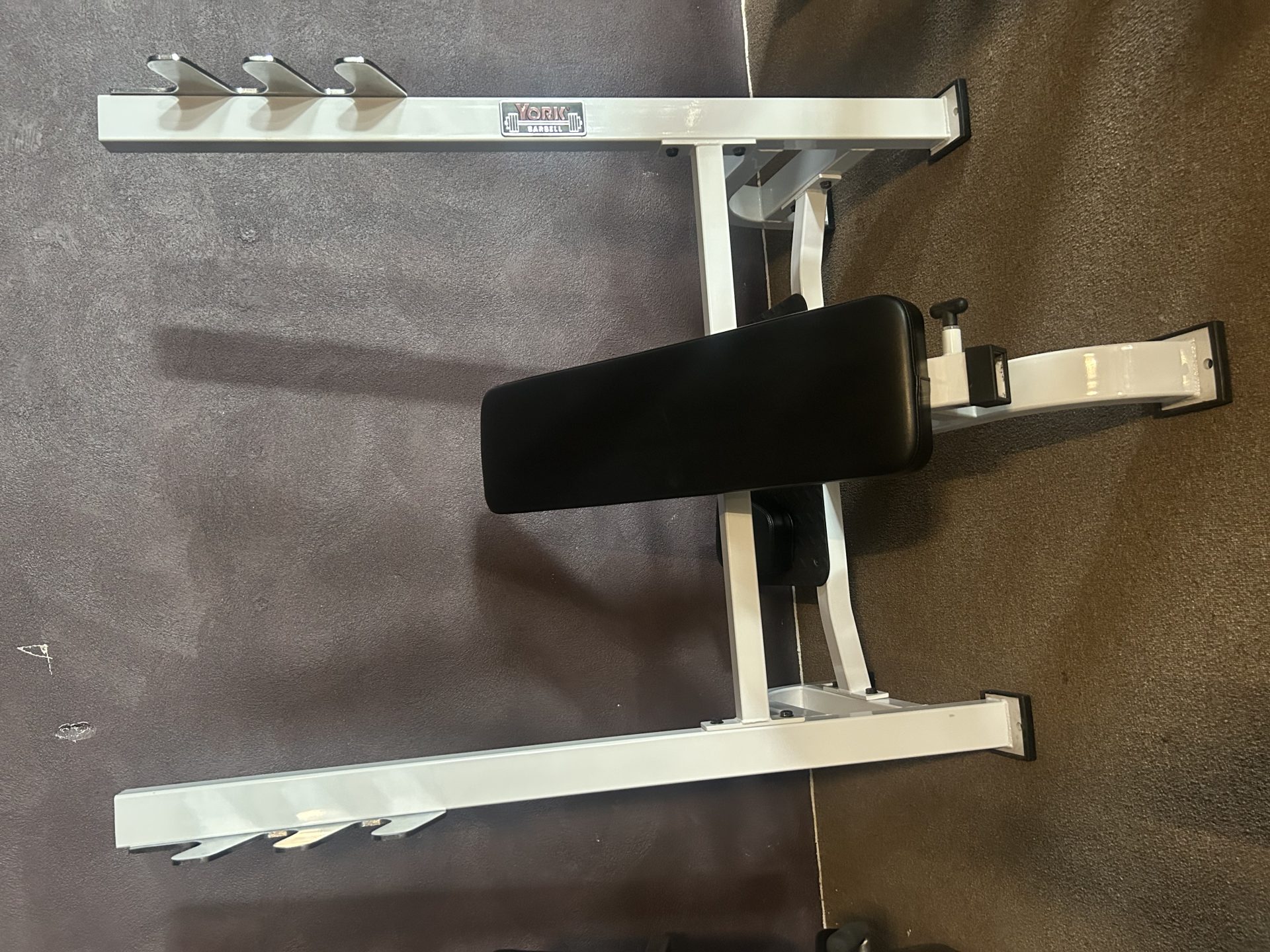 A serviced gym features a Hoist Olympic Decline Bench, which targets lower chest muscles effectively, alongside an adjustable weight bench and barbell rack for effortless workouts.