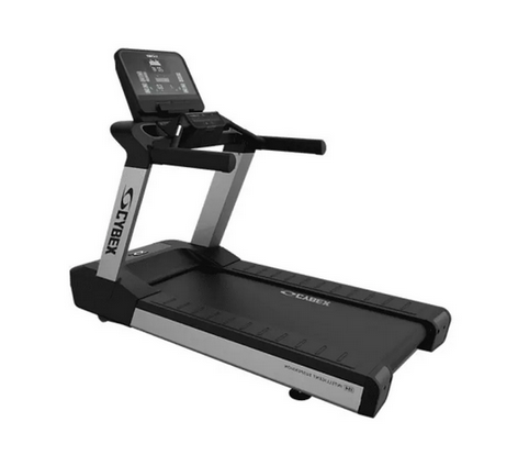 A remanufactured Cybex R50 Treadmill in black and silver, featuring a digital display, control buttons, sturdy handrails, and a wide running belt is shown from an angle.