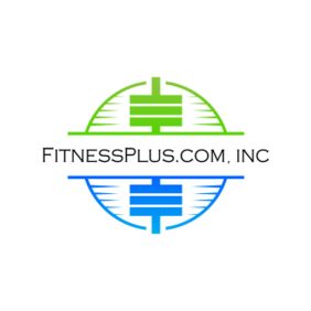 Logo featuring "FitnessPlus.com, Inc" text centered over a circular design with green and blue stylized dumbells at the top and bottom.