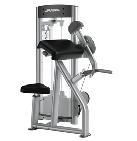 The Life Fitness Optima Bicep Curl - As Is Functional is a commercial machine with a padded seat, arm rest, and weight stack, ideal for effective seated arm exercises in any gym.