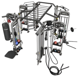 Serviced Synrgy 360 XL multi-station gym features pull-up bars, cable machines, punching bag, kettlebells, medicine balls, resistance bands, and battle ropes.