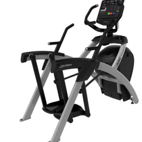 A remanufactured Life Fitness Row GX Water Rower in black and gray, featuring a digital display and moving handlebars for reliable performance.