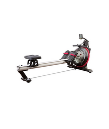 The remanufactured Life Fitness Row GX Water Rower features a black seat, metal rail, water resistance flywheel, and digital display, shown on a white background.