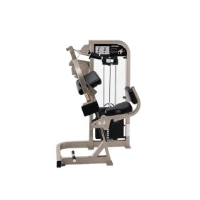 A side view of a seated abdominal crunch exercise machine with padded supports and a weight stack, designed for gym use.