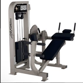 A seated gym machine for leg curls with adjustable weights, padded seat, leg support pads, and Life Fitness branding.