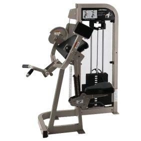A seated biceps curl machine with padded arm rest, dual handles, weight stack, and illustrated exercise instructions on the top panel.