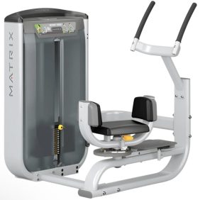 Matrix-brand seated abdominal crunch machine with padded seat, backrest, and two handles, featuring a weight stack and adjustment settings for resistance training.