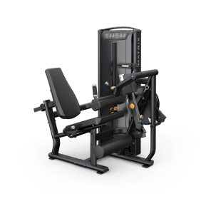 A black seated leg extension and leg curl machine with padded seat, adjustable levers, weight stack, and instructional panel.
