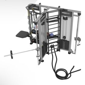 A multifunctional gym machine with cables, a barbell, medicine balls, resistance bands, and battle ropes attached for strength and functional training exercises.